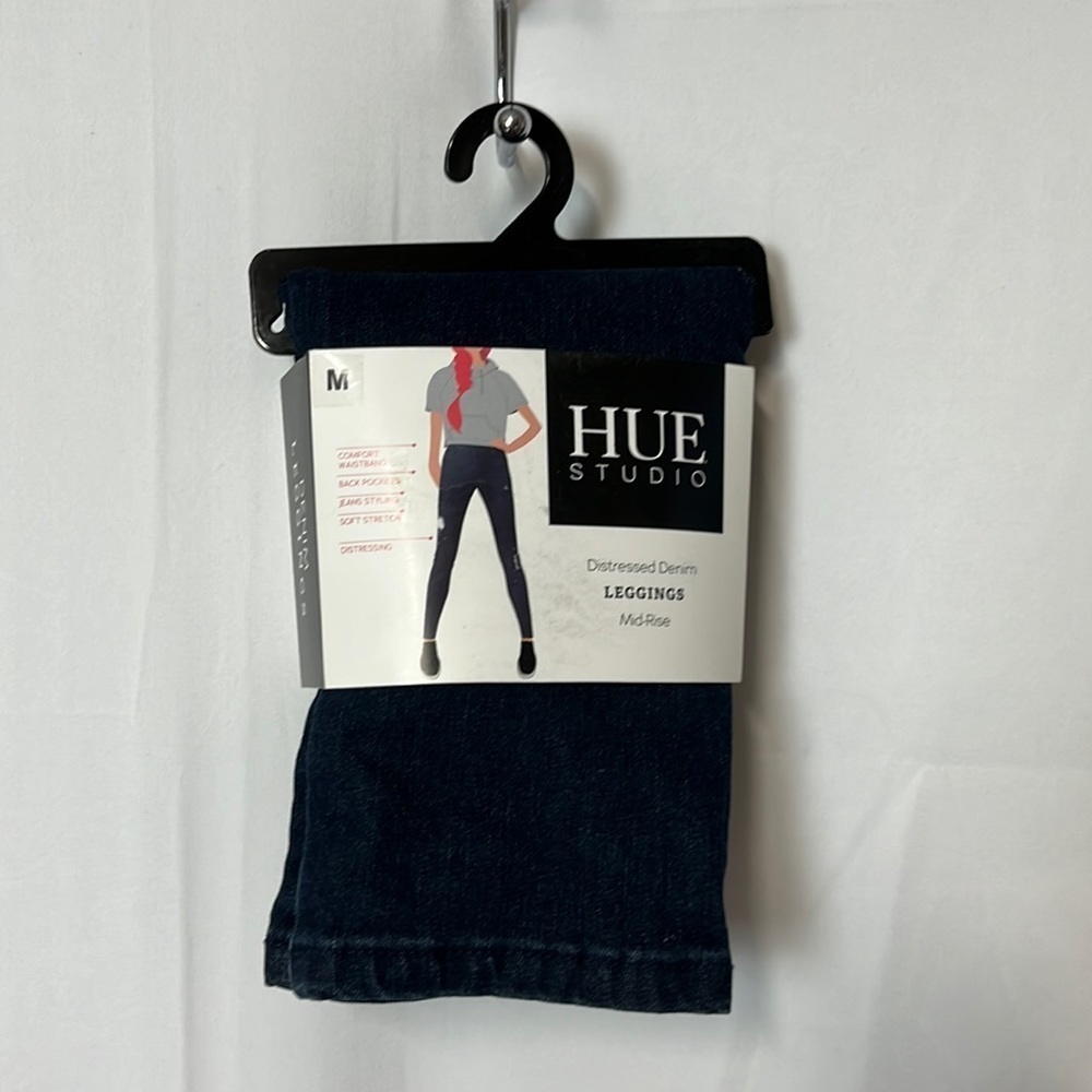 Hue studio distressed, denim, mid rise, leggings. - Picture 1 of 8